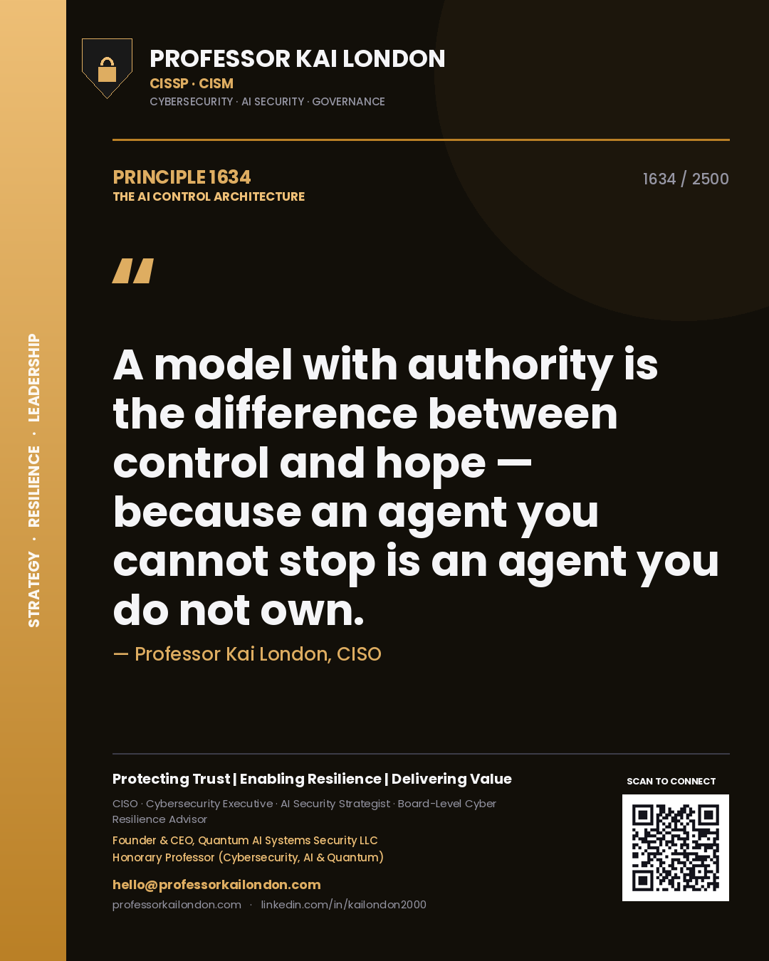 Quote card by Professor Kai London reading 'A model with authority is the difference between control and hope — because an agent you cannot stop is an agent you do not own.'. From the book The AI Control Architecture.