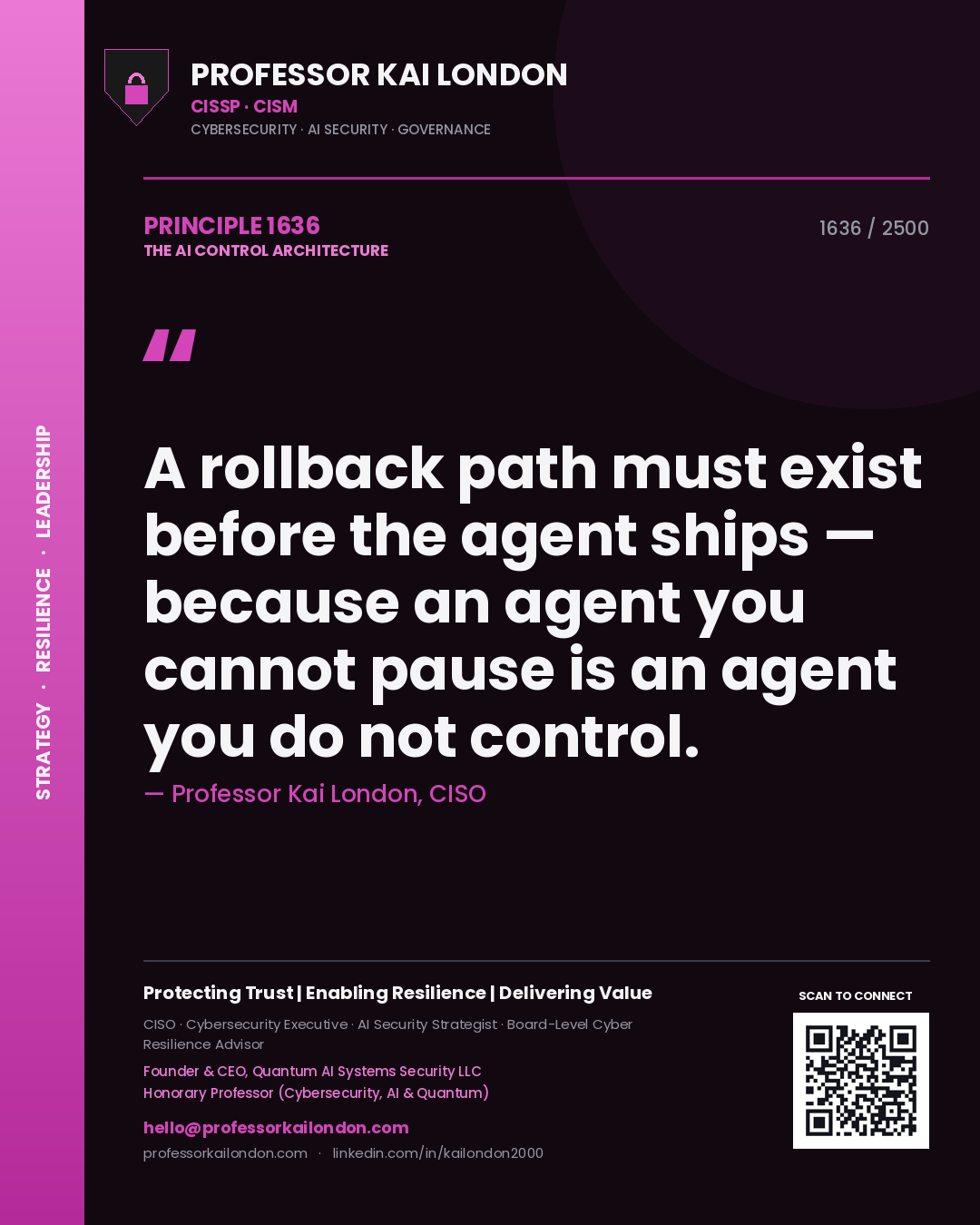 Professor Kai London principle 1636: A rollback path must exist before the agent ships — because an agent you cannot pause is an agent you do not control.