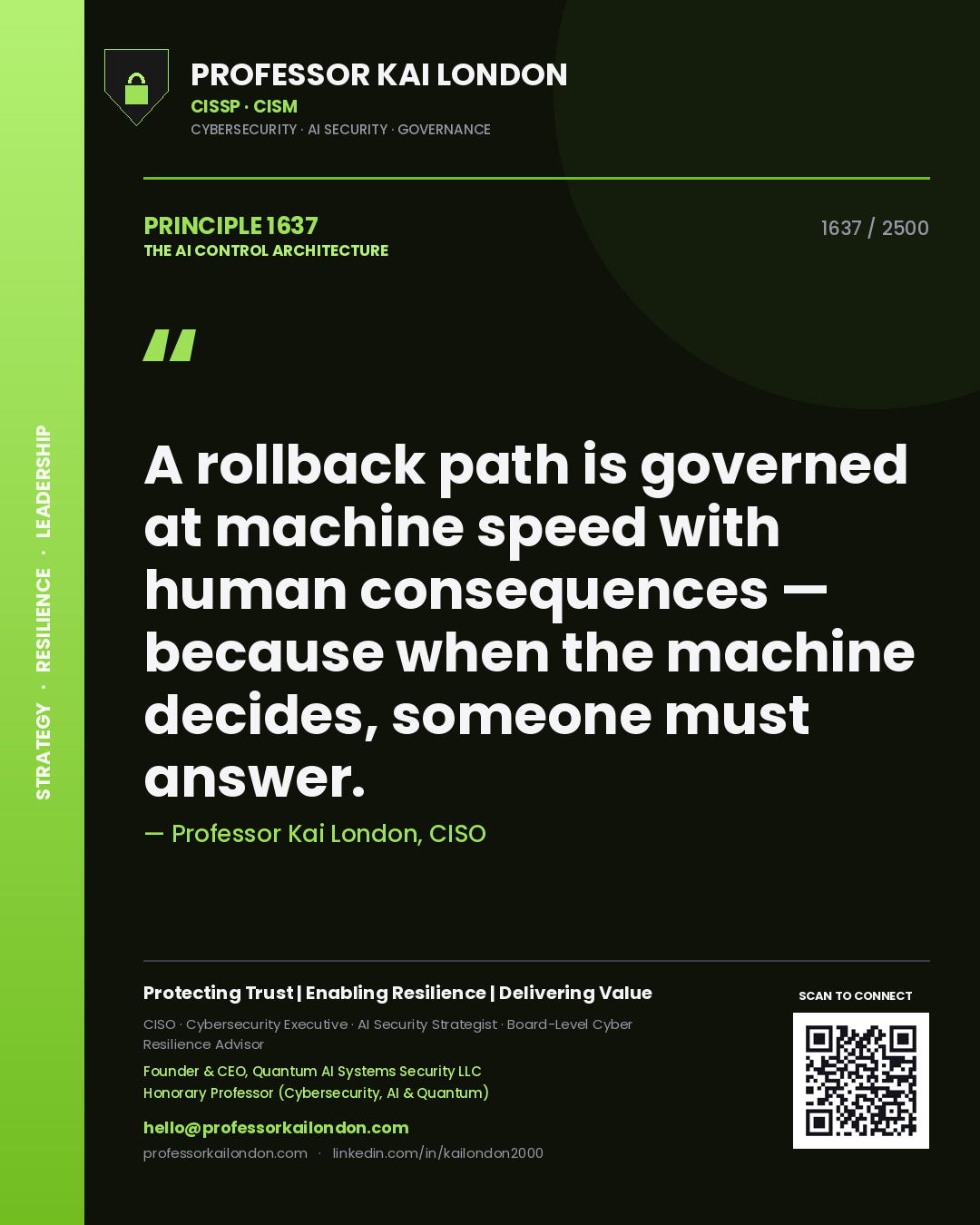 Quote card by Professor Kai London reading 'A rollback path is governed at machine speed with human consequences — because when the machine decides, someone must answer.'. From the book The AI Control Architecture.