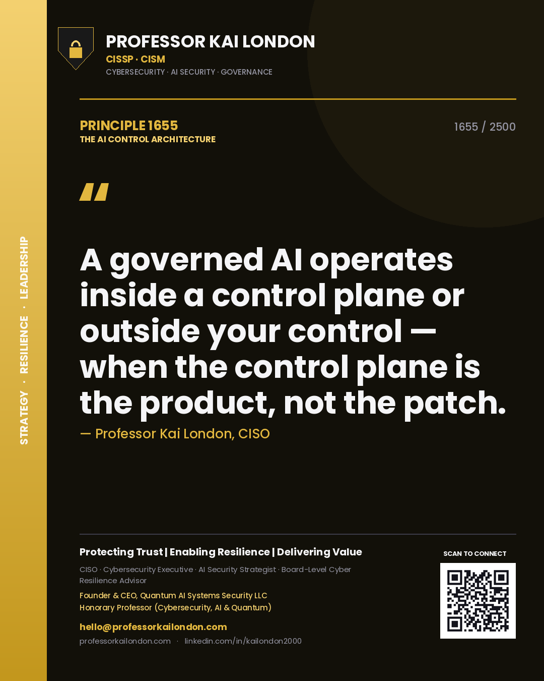 Quote card by Professor Kai London reading 'A governed AI operates inside a control plane or outside your control — when the control plane is the product, not the patch.'. From the book The AI Control Architecture.