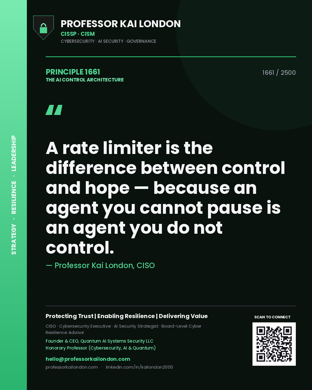 Professor Kai London principle 1661: A rate limiter is the difference between control and hope — because an agent you cannot pause is an agent you do not control.