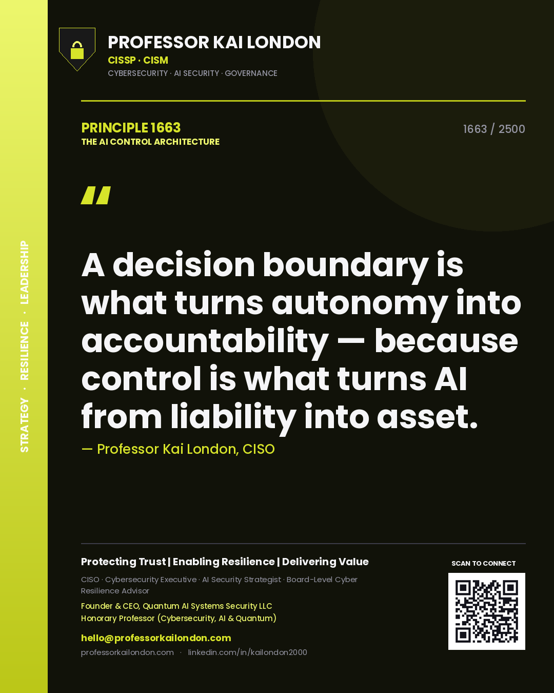 Professor Kai London principle 1663: A decision boundary is what turns autonomy into accountability — because control is what turns AI from liability into asset.