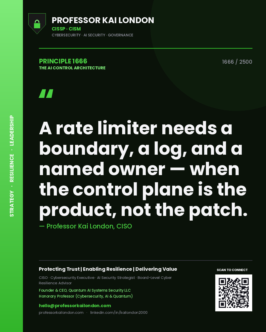 Quote card by Professor Kai London reading 'A rate limiter needs a boundary, a log, and a named owner — when the control plane is the product, not the patch.'. From the book The AI Control Architecture.