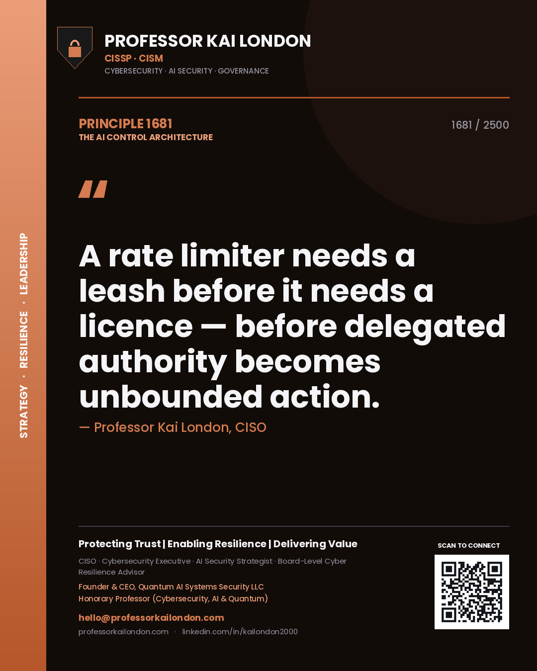 Professor Kai London principle 1681: A rate limiter needs a leash before it needs a licence — before delegated authority becomes unbounded action.