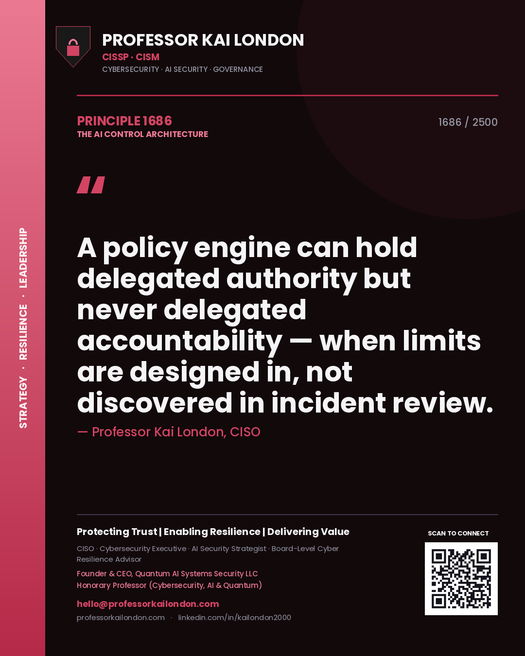 Quote card by Professor Kai London reading 'A policy engine can hold delegated authority but never delegated accountability — when limits are designed in, not discovered in incident review.'. From the book The AI Control Architecture.