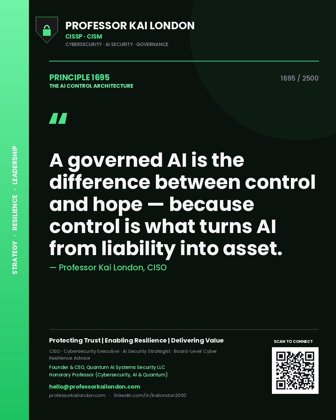Professor Kai London principle 1695: A governed AI is the difference between control and hope — because control is what turns AI from liability into asset.