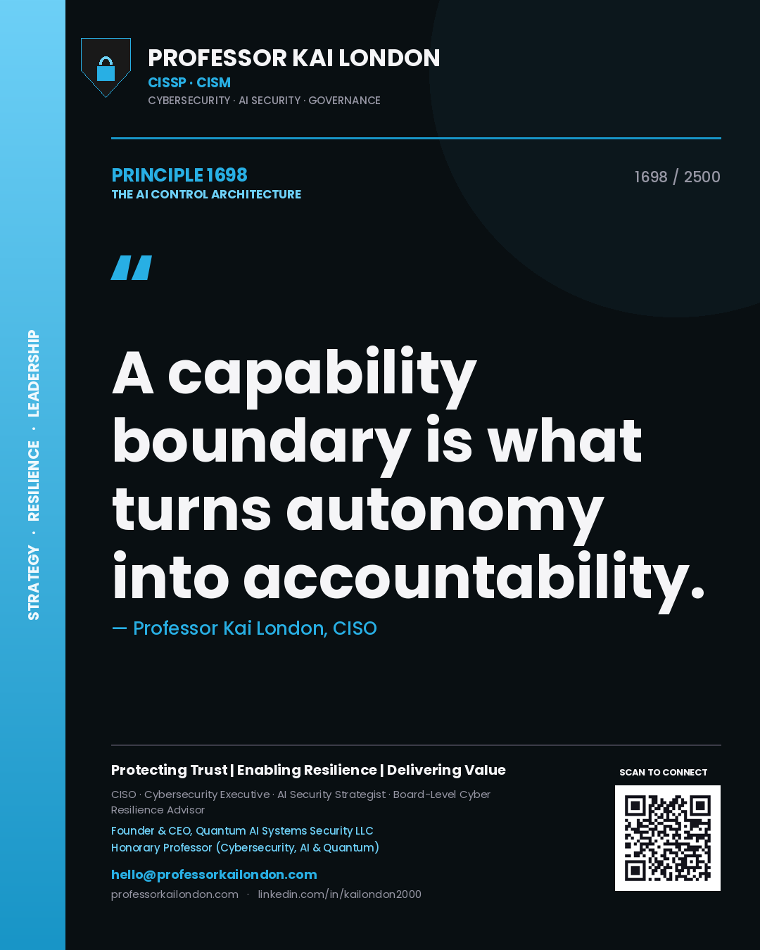 Quote card by Professor Kai London reading 'A capability boundary is what turns autonomy into accountability.'. From the book The AI Control Architecture.