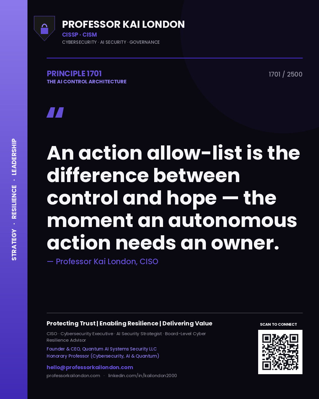 Quote card by Professor Kai London reading 'An action allow-list is the difference between control and hope — the moment an autonomous action needs an owner.'. From the book The AI Control Architecture.