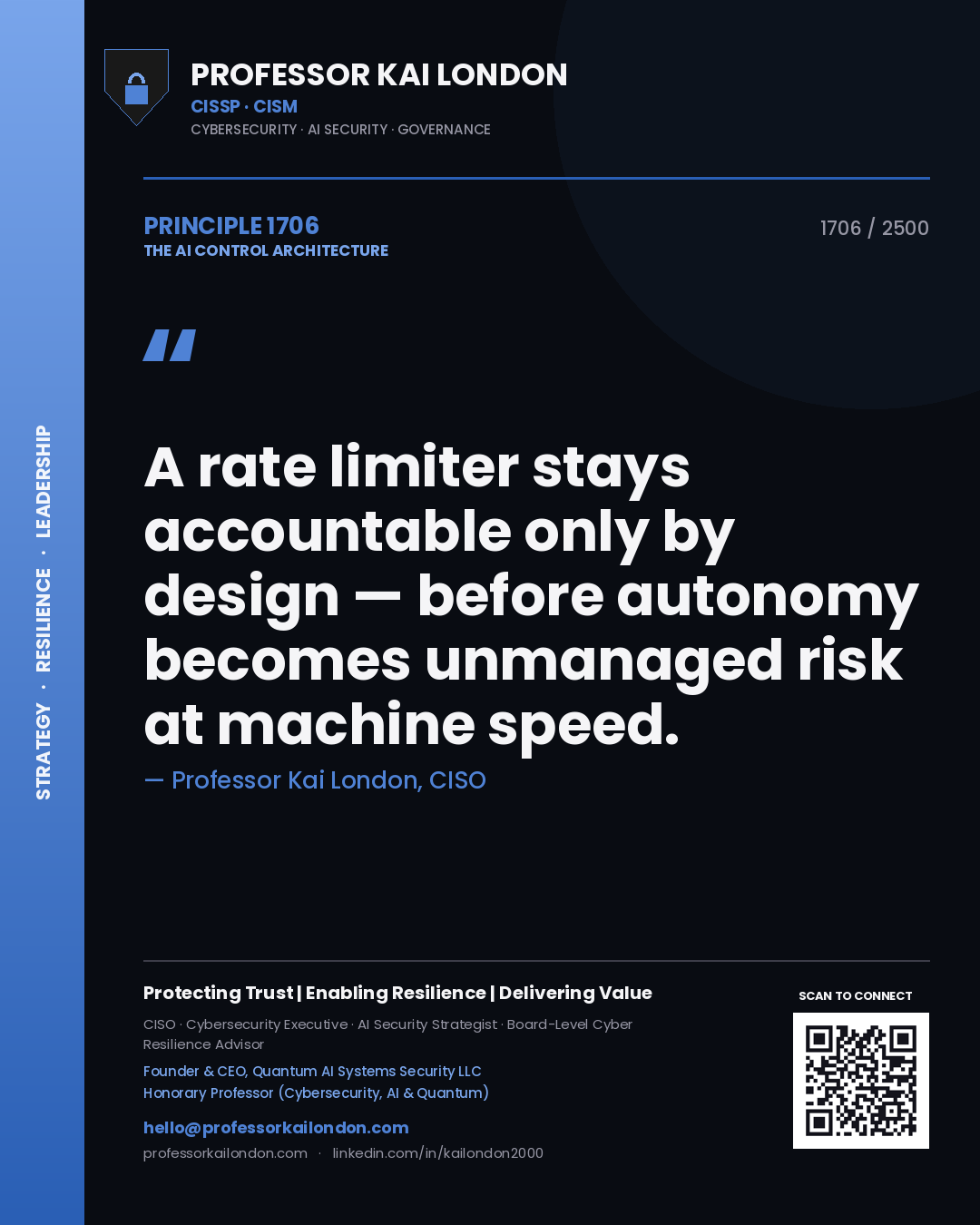 Professor Kai London principle 1706: A rate limiter stays accountable only by design — before autonomy becomes unmanaged risk at machine speed.