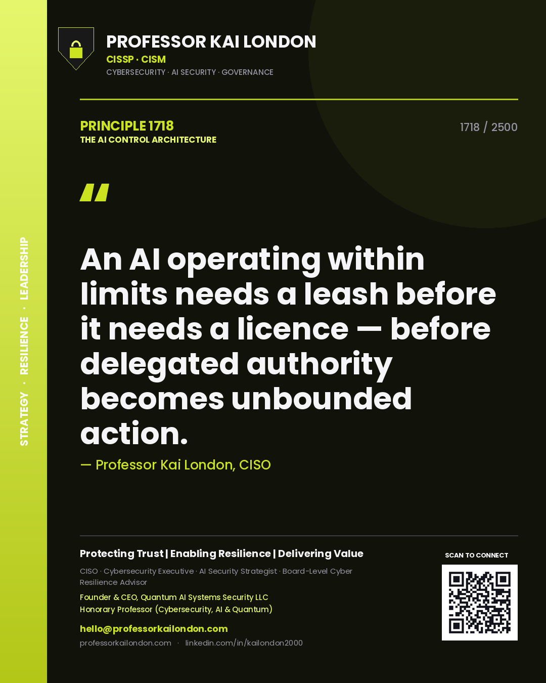 Professor Kai London principle 1718: An AI operating within limits needs a leash before it needs a licence — before delegated authority becomes unbounded action.