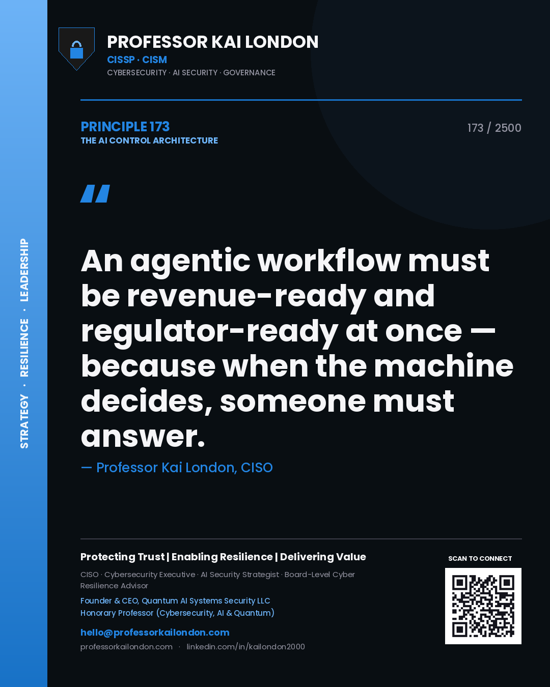 Professor Kai London principle 173: An agentic workflow must be revenue-ready and regulator-ready at once — because when the machine decides, someone must answer.