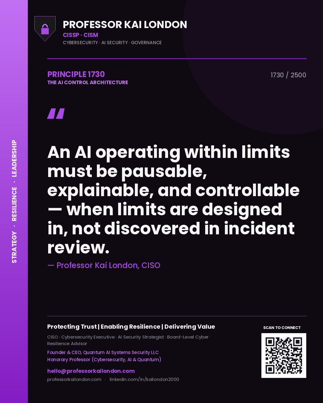 Professor Kai London principle 1730: An AI operating within limits must be pausable, explainable, and controllable — when limits are designed in, not discovered in incident review.