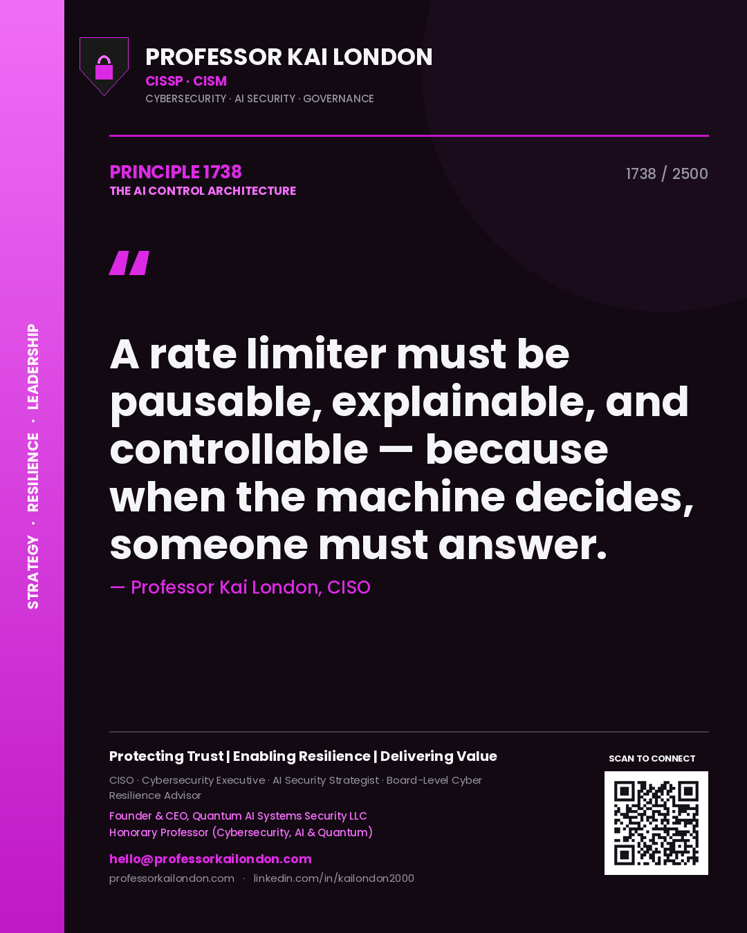 Professor Kai London principle 1738: A rate limiter must be pausable, explainable, and controllable — because when the machine decides, someone must answer.