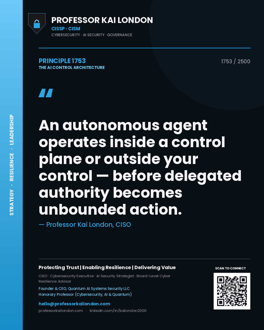 Quote card by Professor Kai London reading 'An autonomous agent operates inside a control plane or outside your control — before delegated authority becomes unbounded action.'. From the book The AI Control Architecture.
