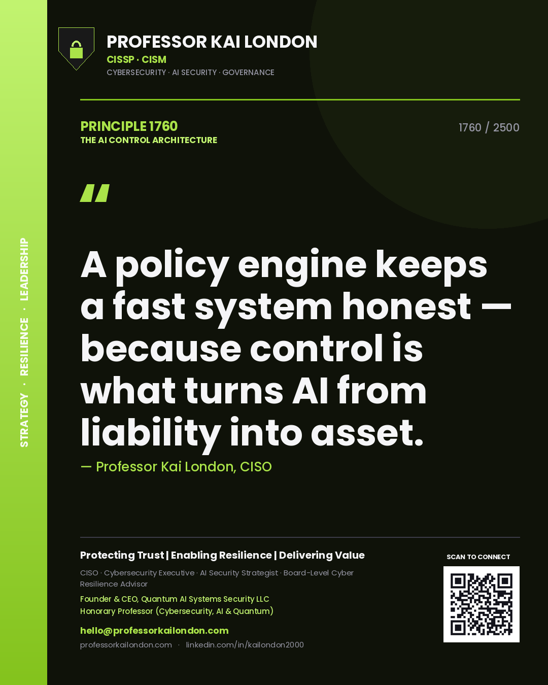 Quote card by Professor Kai London reading 'A policy engine keeps a fast system honest — because control is what turns AI from liability into asset.'. From the book The AI Control Architecture.