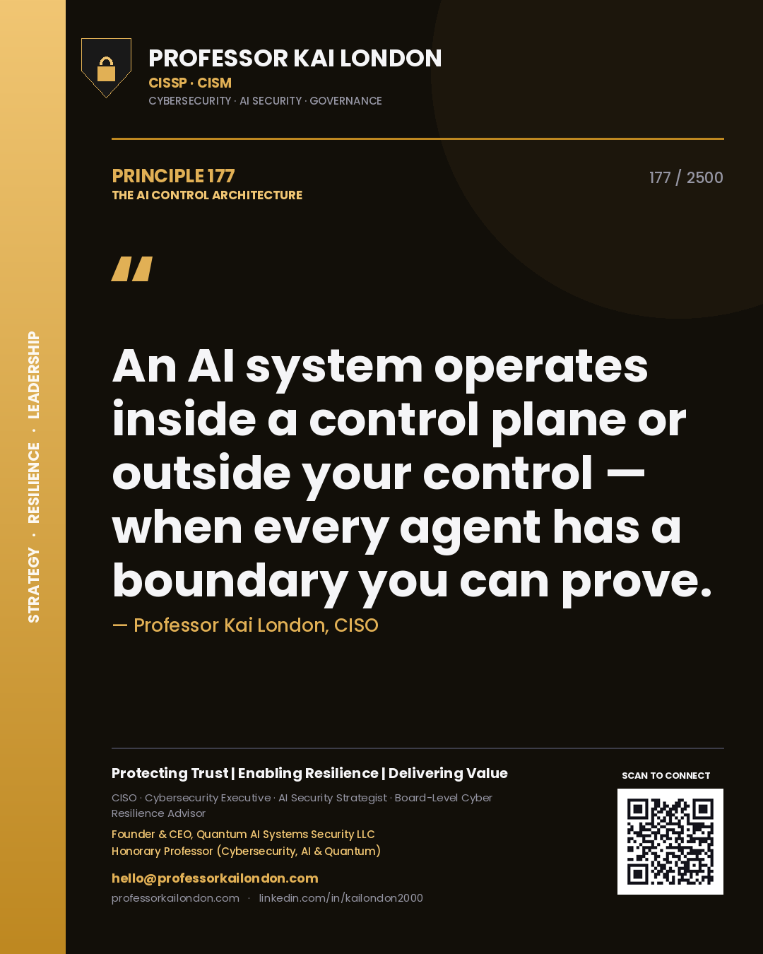 Quote card by Professor Kai London reading 'An AI system operates inside a control plane or outside your control — when every agent has a boundary you can prove.'. From the book The AI Control Architecture.