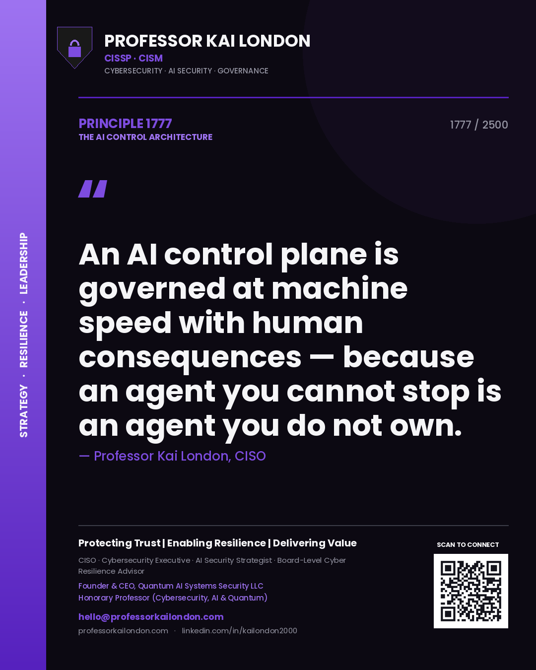 Professor Kai London principle 1777: An AI control plane is governed at machine speed with human consequences — because an agent you cannot stop is an agent you do not own.