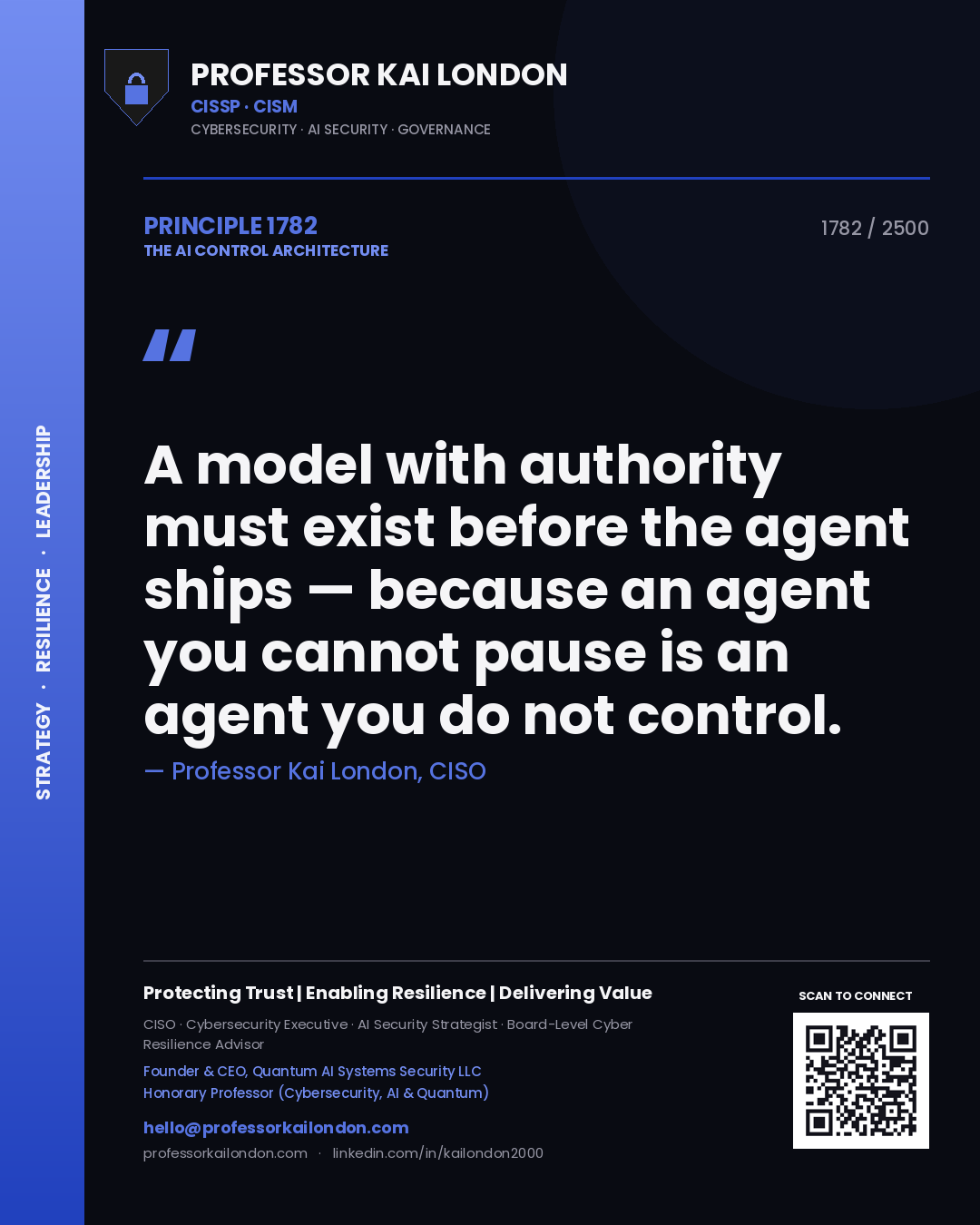 Professor Kai London principle 1782: A model with authority must exist before the agent ships — because an agent you cannot pause is an agent you do not control.