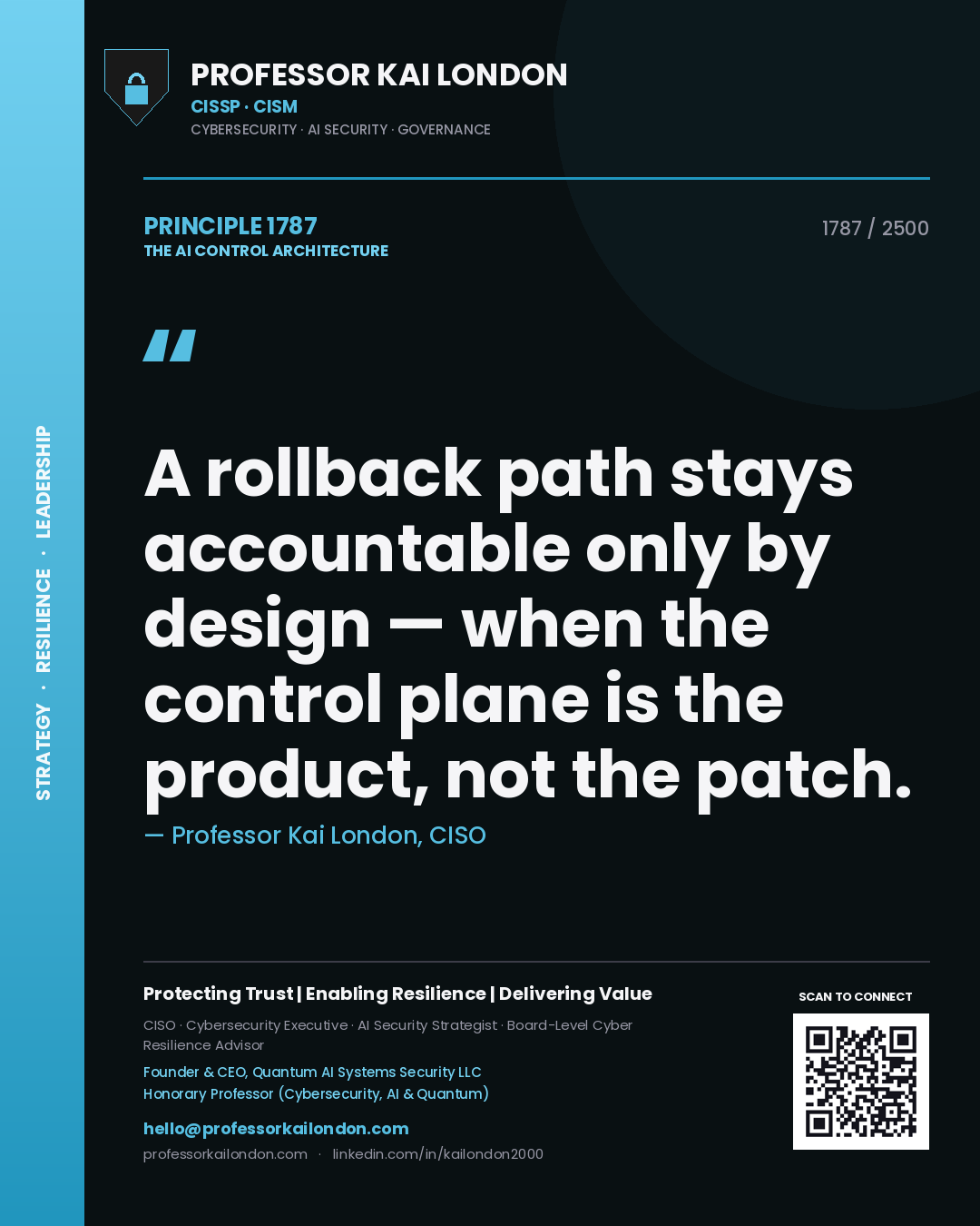 Quote card by Professor Kai London reading 'A rollback path stays accountable only by design — when the control plane is the product, not the patch.'. From the book The AI Control Architecture.