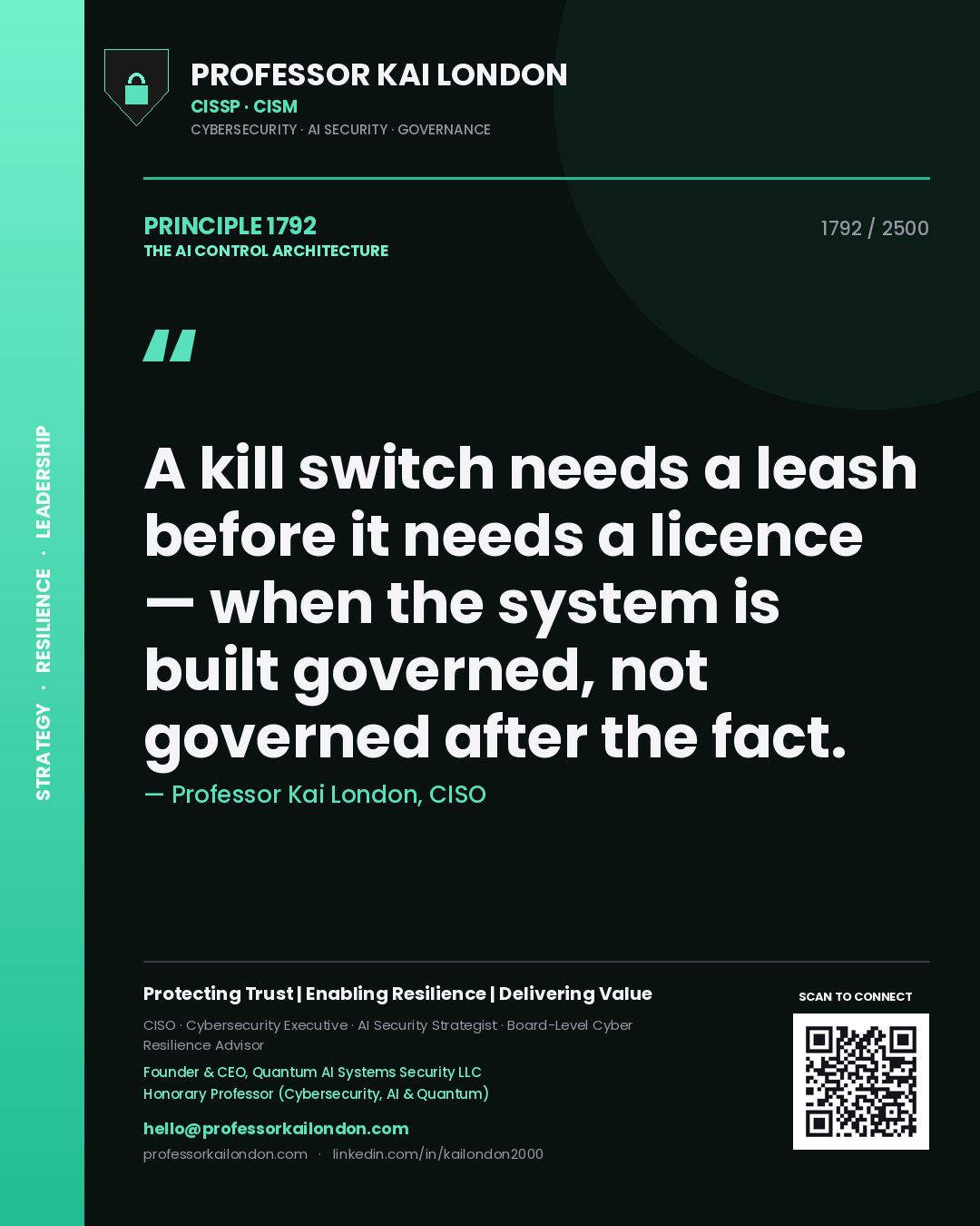 Quote card by Professor Kai London reading 'A kill switch needs a leash before it needs a licence — when the system is built governed, not governed after the fact.'. From the book The AI Control Architecture.