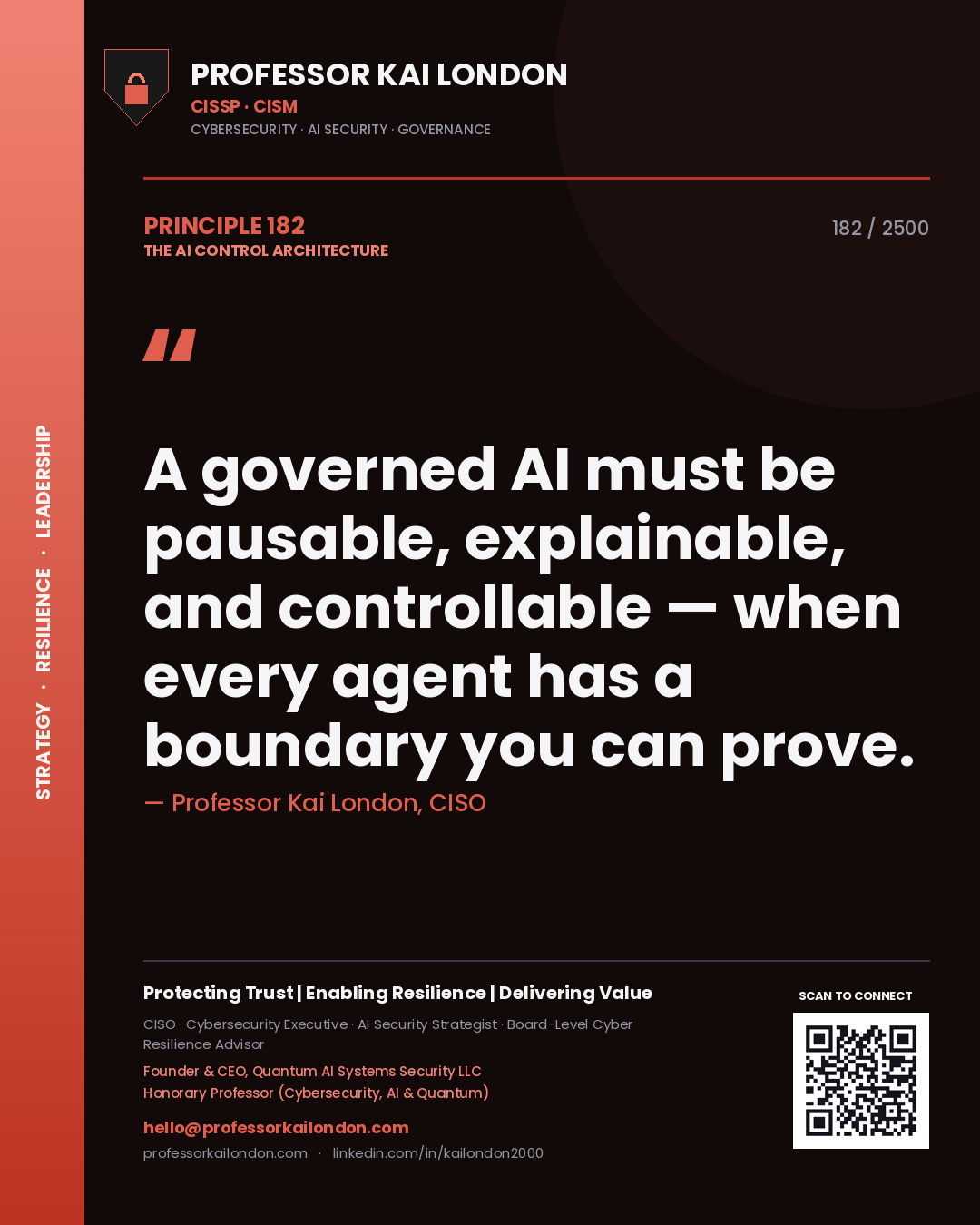 Professor Kai London principle 182: A governed AI must be pausable, explainable, and controllable — when every agent has a boundary you can prove.