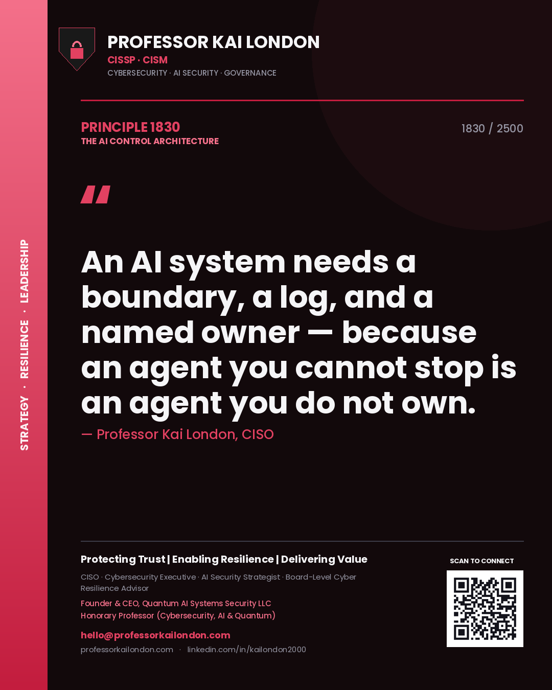 Quote card by Professor Kai London reading 'An AI system needs a boundary, a log, and a named owner — because an agent you cannot stop is an agent you do not own.'. From the book The AI Control Architecture.