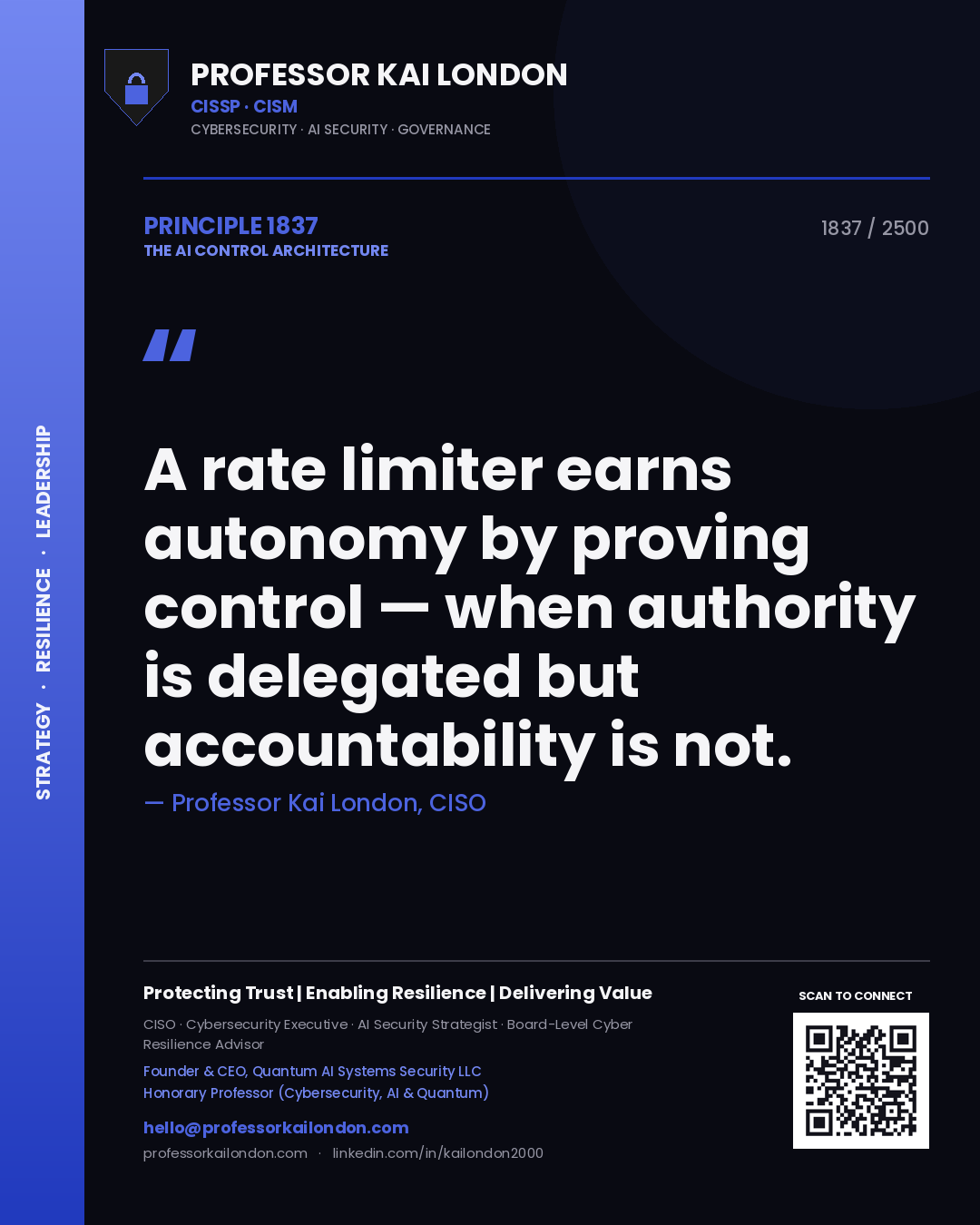 Quote card by Professor Kai London reading 'A rate limiter earns autonomy by proving control — when authority is delegated but accountability is not.'. From the book The AI Control Architecture.