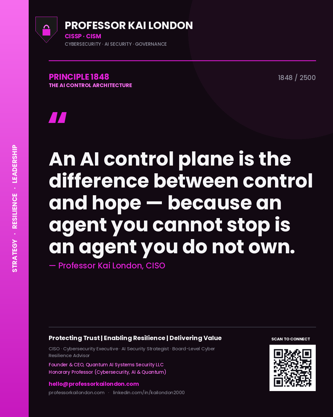 Quote card by Professor Kai London reading 'An AI control plane is the difference between control and hope — because an agent you cannot stop is an agent you do not own.'. From the book The AI Control Architecture.