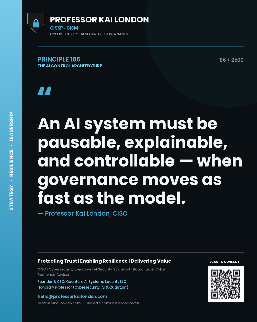 Professor Kai London principle 186: An AI system must be pausable, explainable, and controllable — when governance moves as fast as the model.