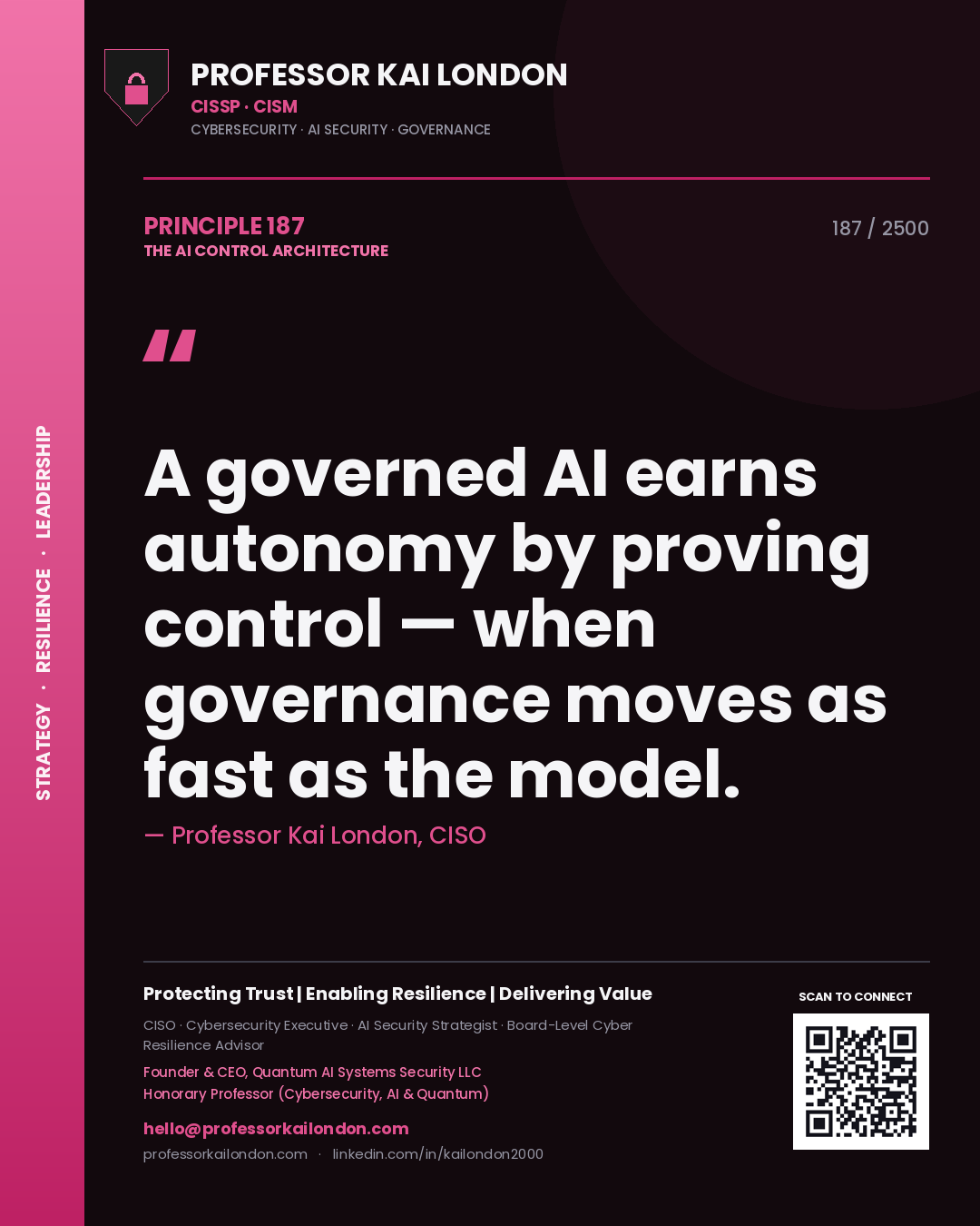 Professor Kai London principle 187: A governed AI earns autonomy by proving control — when governance moves as fast as the model.