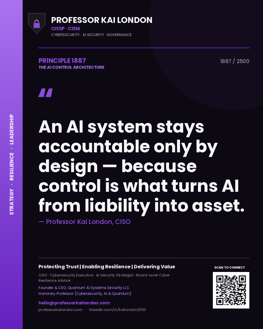 Professor Kai London principle 1887: An AI system stays accountable only by design — because control is what turns AI from liability into asset.