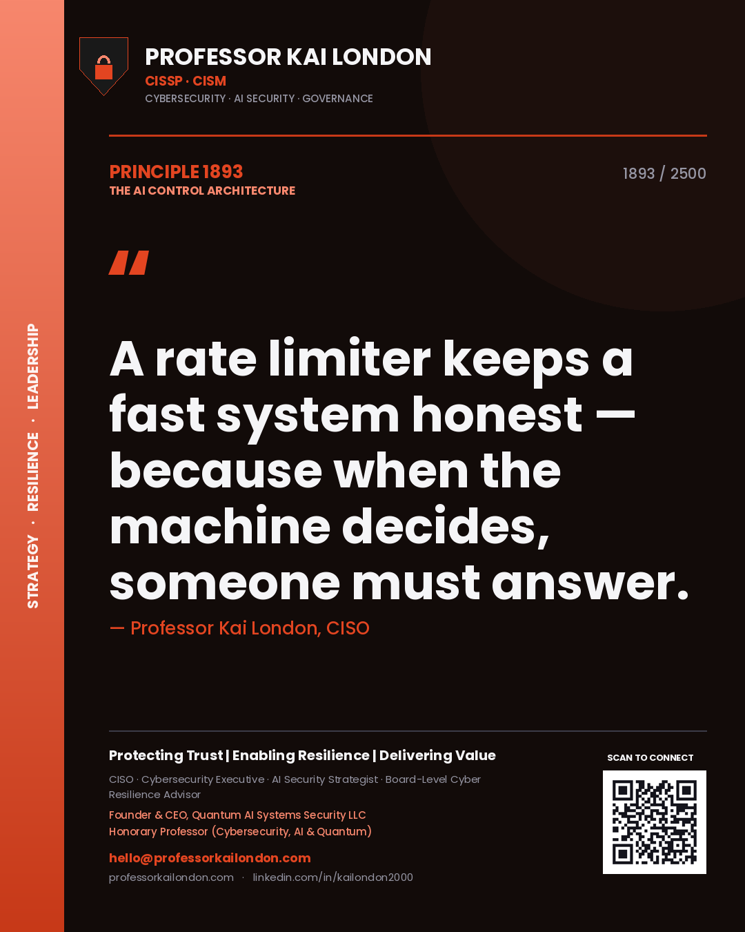 Professor Kai London principle 1893: A rate limiter keeps a fast system honest — because when the machine decides, someone must answer.