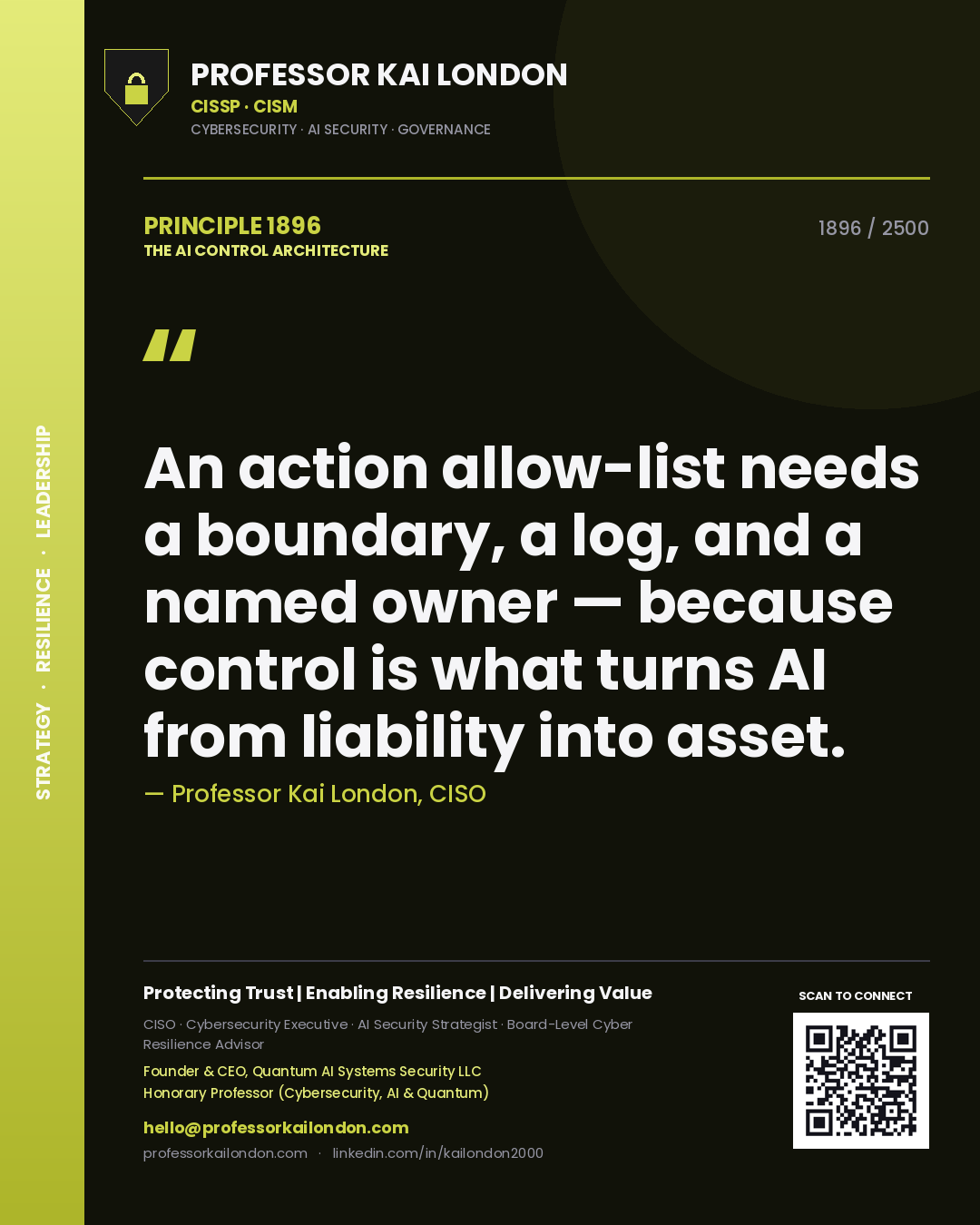 Quote card by Professor Kai London reading 'An action allow-list needs a boundary, a log, and a named owner — because control is what turns AI from liability into asset.'. From the book The AI Control Architecture.