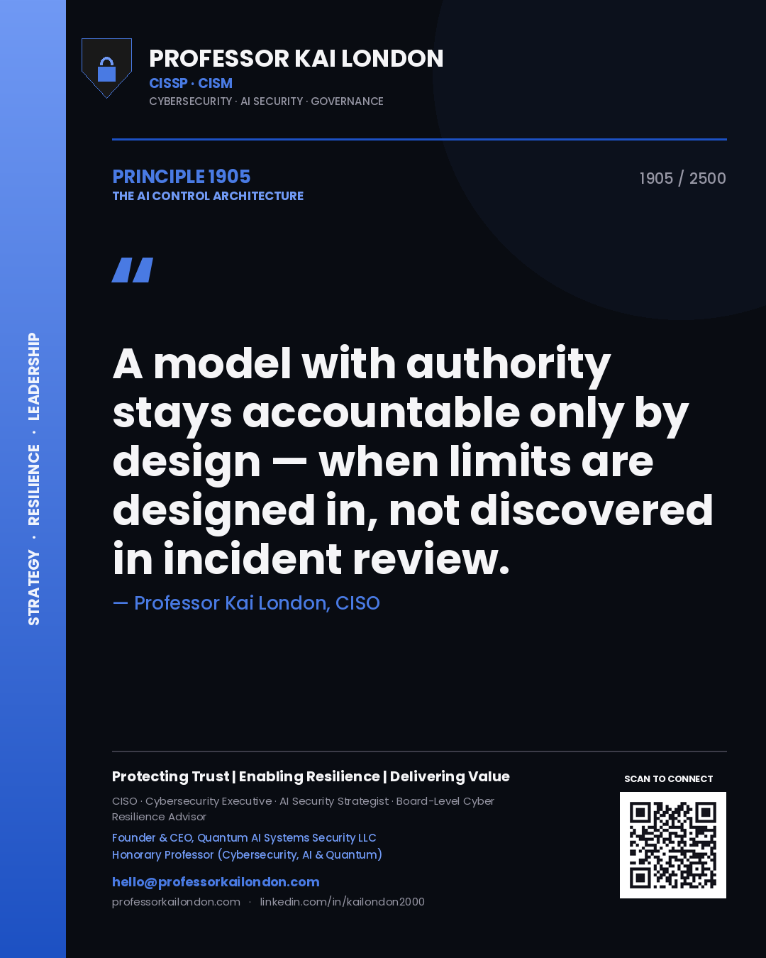 Professor Kai London principle 1905: A model with authority stays accountable only by design — when limits are designed in, not discovered in incident review.
