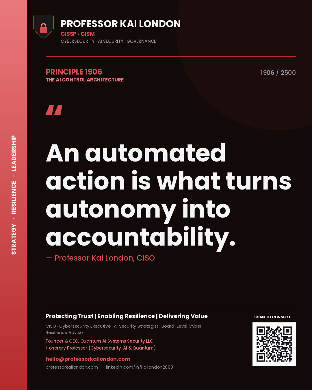 Quote card by Professor Kai London reading 'An automated action is what turns autonomy into accountability.'. From the book The AI Control Architecture.