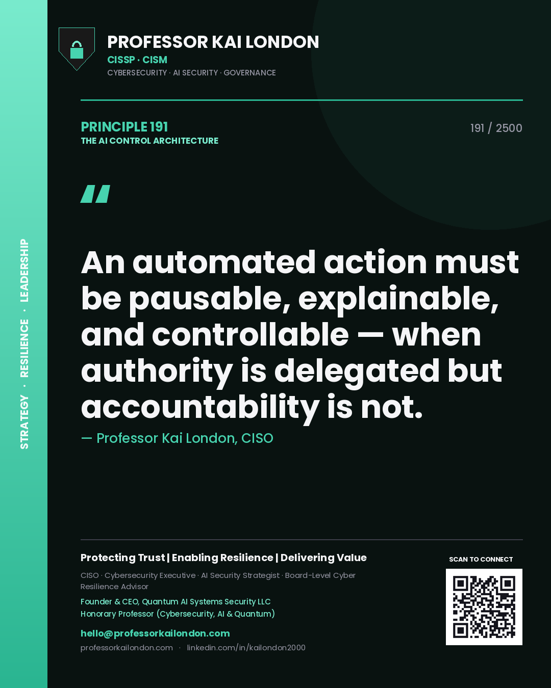 Quote card by Professor Kai London reading 'An automated action must be pausable, explainable, and controllable — when authority is delegated but accountability is not.'. From the book The AI Control Architecture.