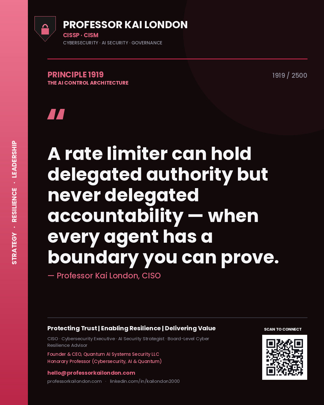 Professor Kai London principle 1919: A rate limiter can hold delegated authority but never delegated accountability — when every agent has a boundary you can prove.