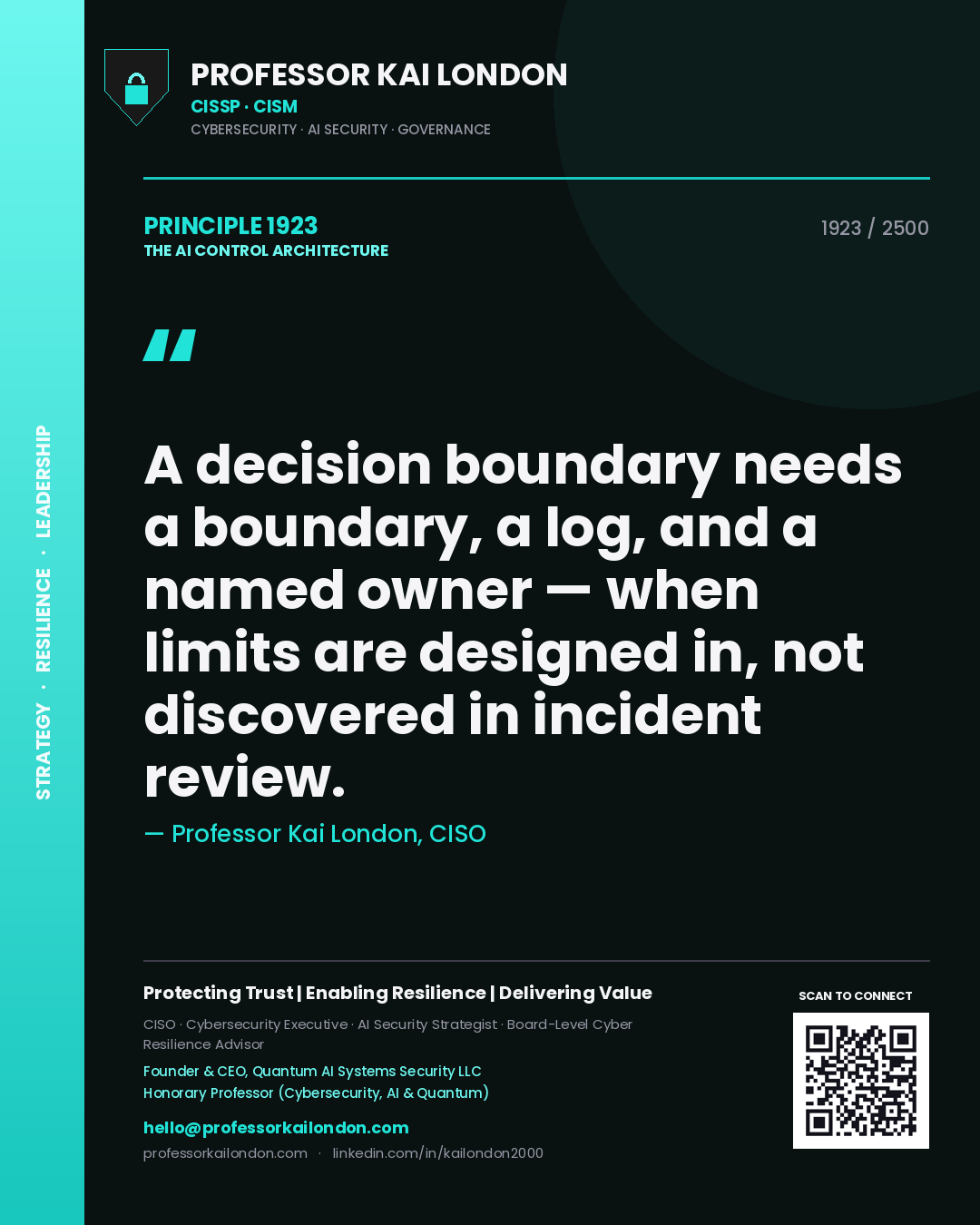 Quote card by Professor Kai London reading 'A decision boundary needs a boundary, a log, and a named owner — when limits are designed in, not discovered in incident review.'. From the book The AI Control Architecture.