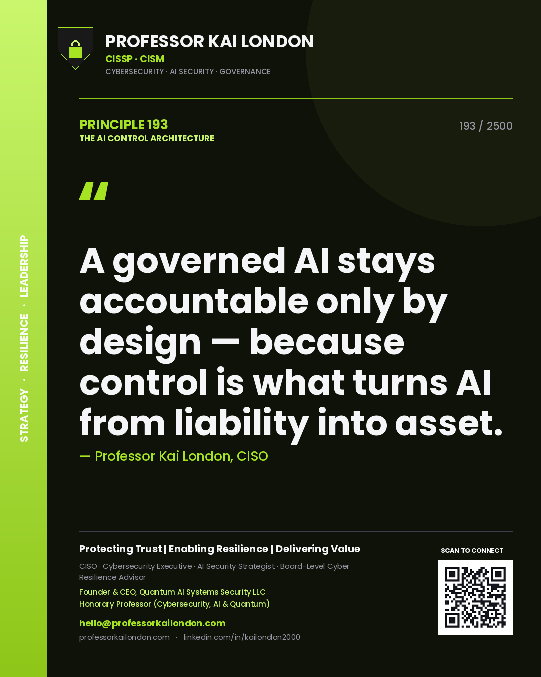 Quote card by Professor Kai London reading 'A governed AI stays accountable only by design — because control is what turns AI from liability into asset.'. From the book The AI Control Architecture.