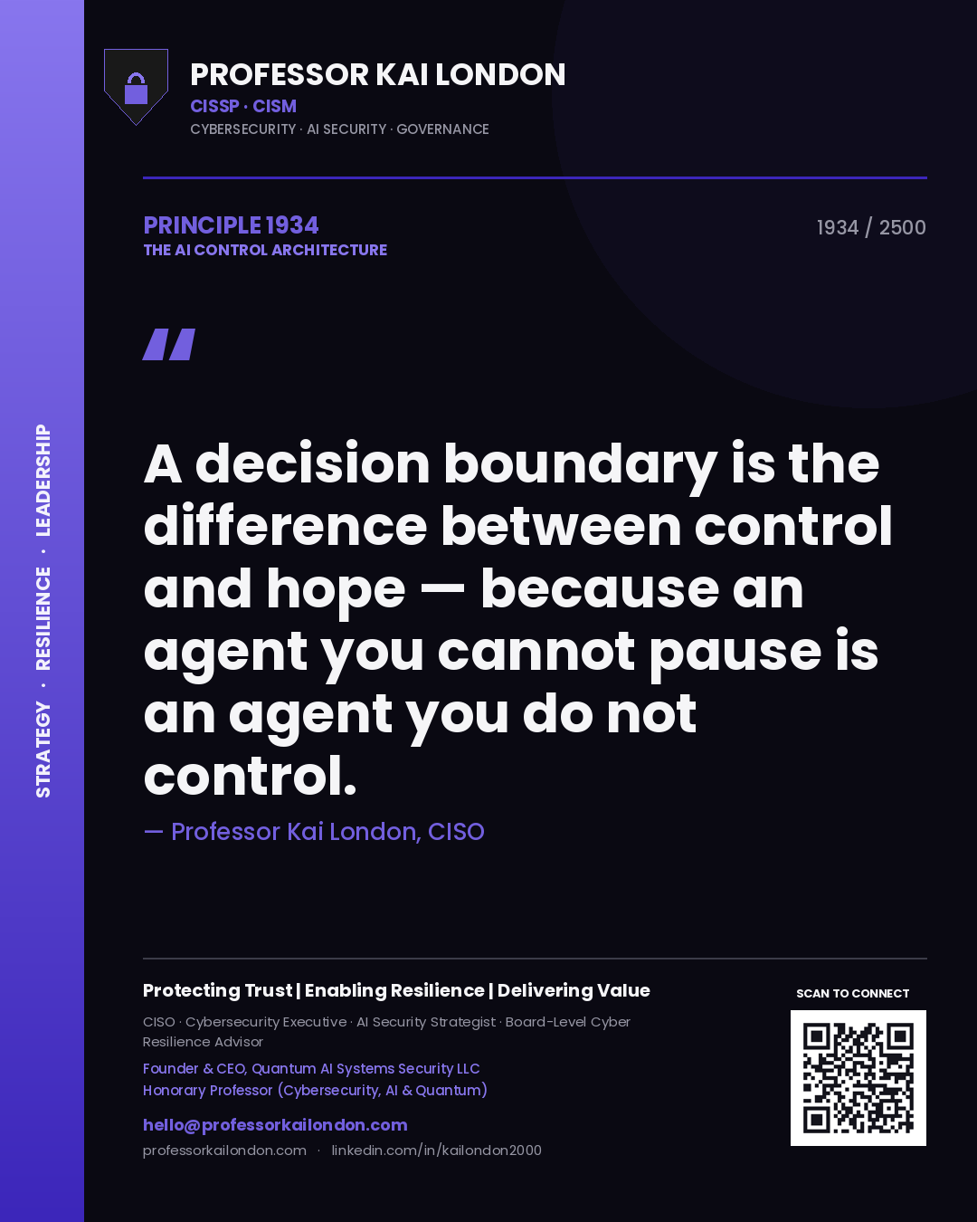 Quote card by Professor Kai London reading 'A decision boundary is the difference between control and hope — because an agent you cannot pause is an agent you do not control.'. From the book The AI Control Architecture.