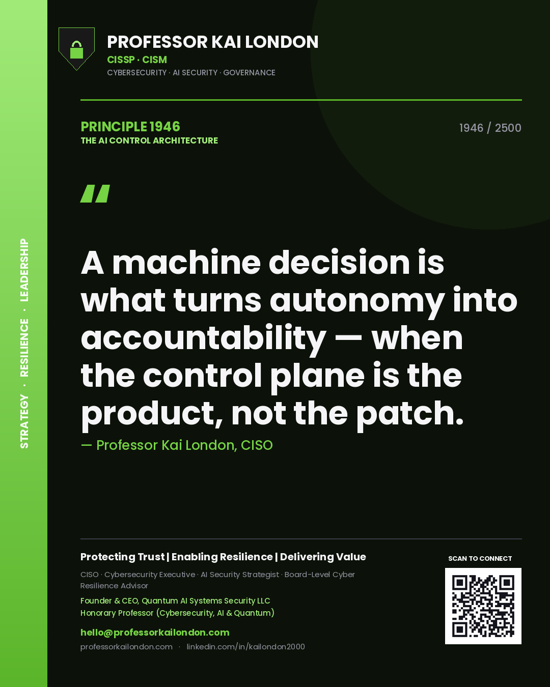 Quote card by Professor Kai London reading 'A machine decision is what turns autonomy into accountability — when the control plane is the product, not the patch.'. From the book The AI Control Architecture.