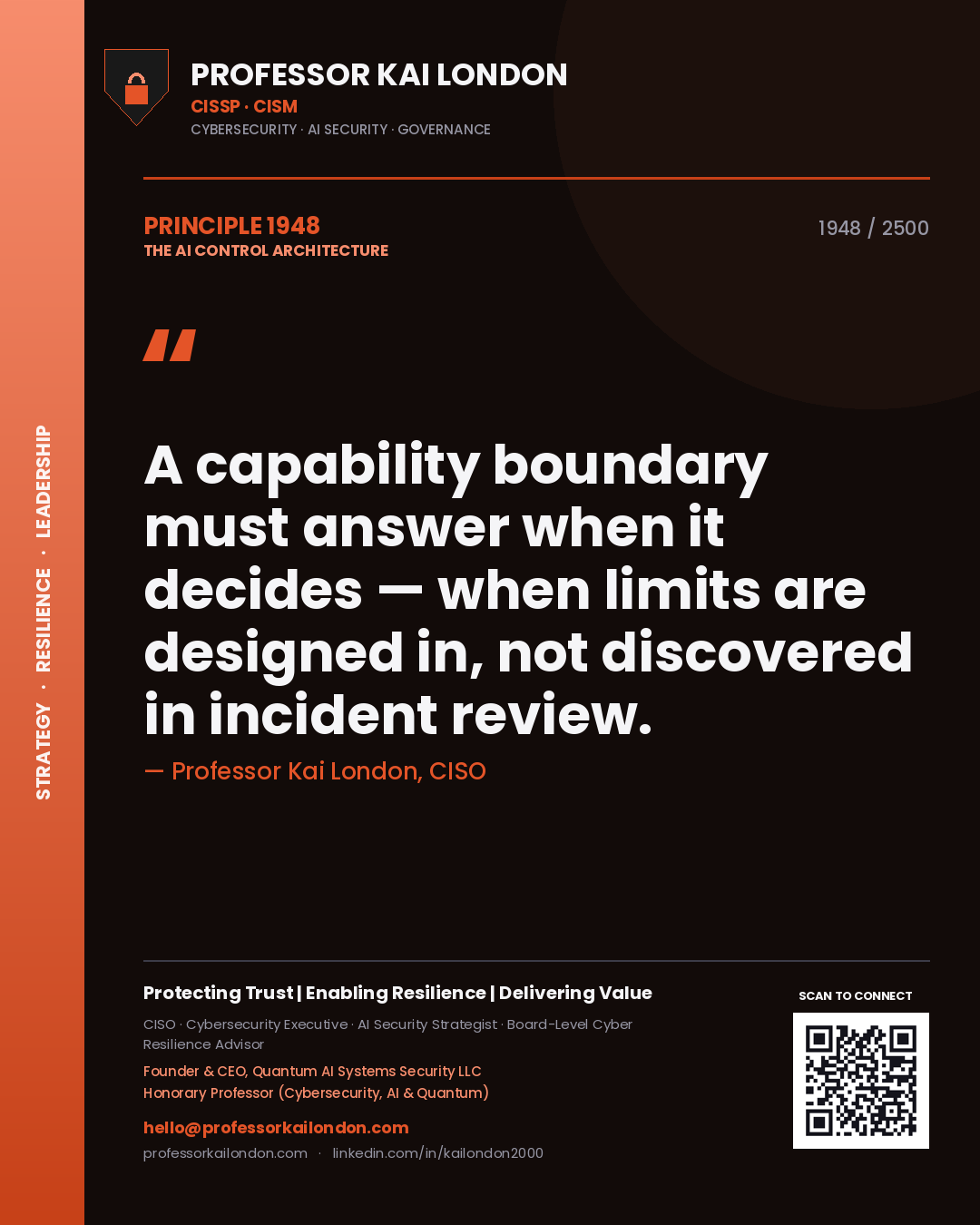 Quote card by Professor Kai London reading 'A capability boundary must answer when it decides — when limits are designed in, not discovered in incident review.'. From the book The AI Control Architecture.