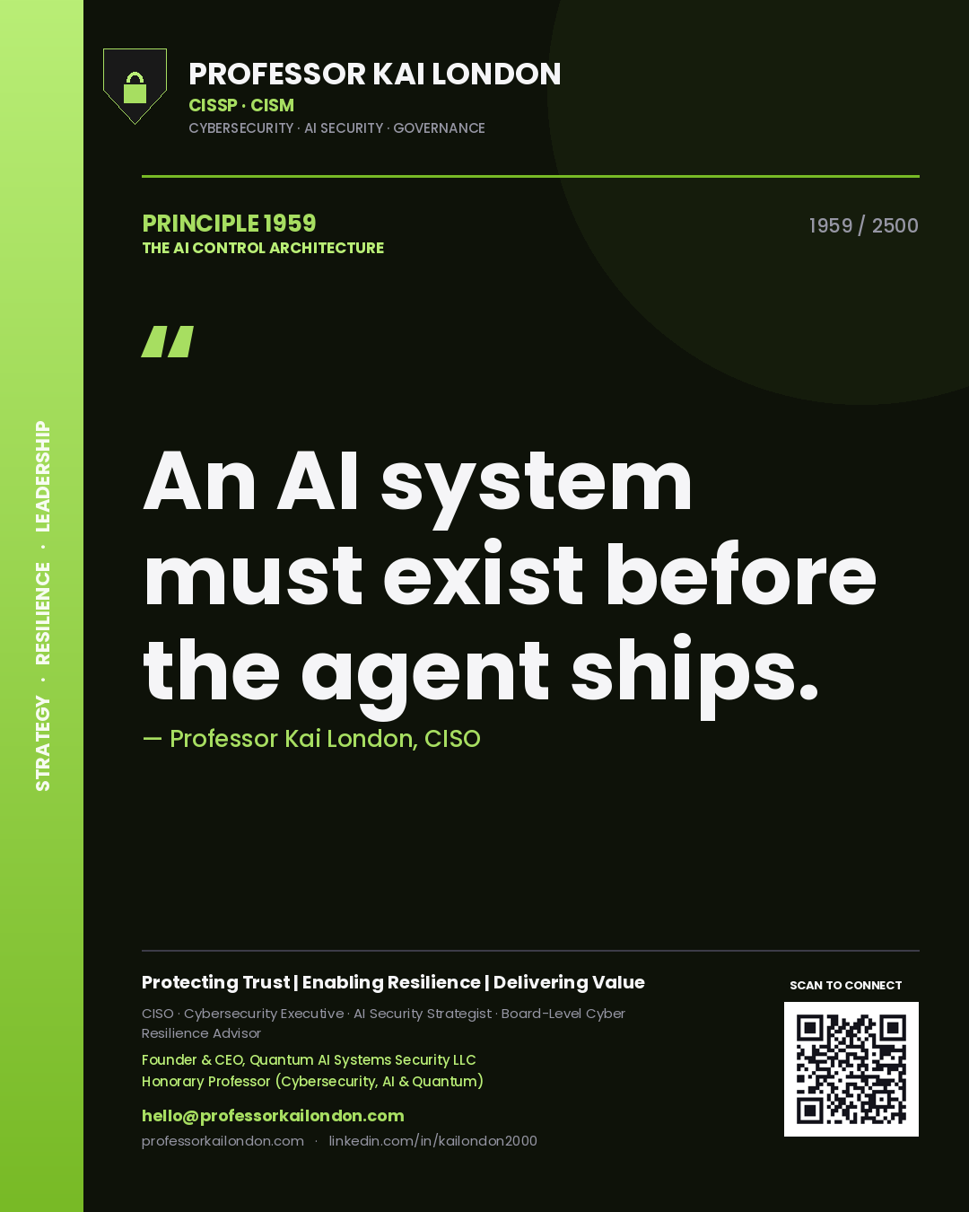 Professor Kai London principle 1959: An AI system must exist before the agent ships.