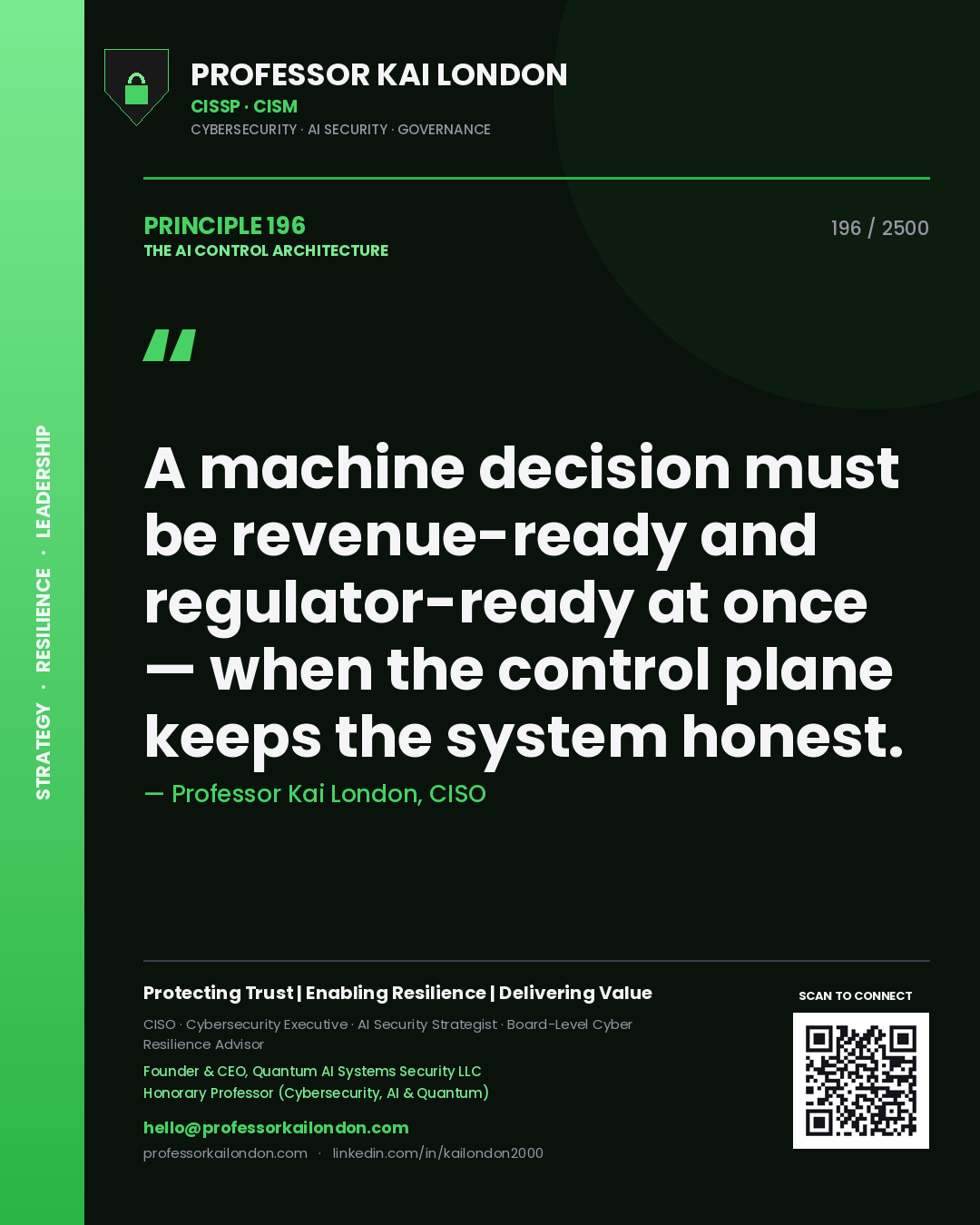 Quote card by Professor Kai London reading 'A machine decision must be revenue-ready and regulator-ready at once — when the control plane keeps the system honest.'. From the book The AI Control Architecture.