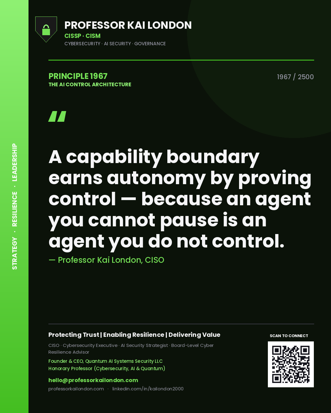Professor Kai London principle 1967: A capability boundary earns autonomy by proving control — because an agent you cannot pause is an agent you do not control.