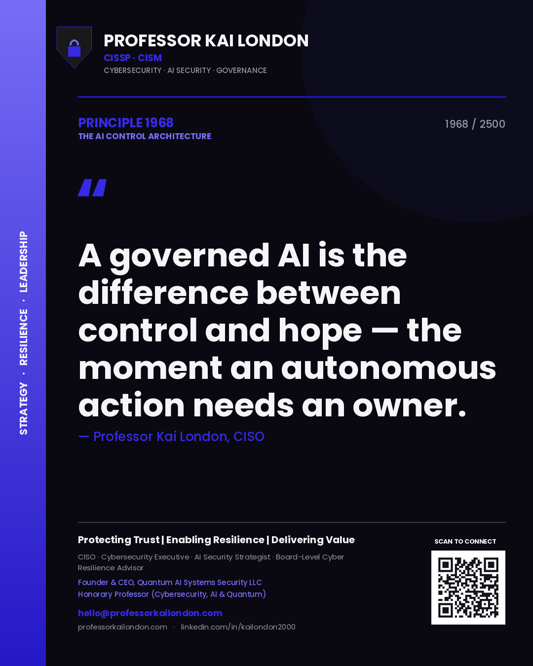 Quote card by Professor Kai London reading 'A governed AI is the difference between control and hope — the moment an autonomous action needs an owner.'. From the book The AI Control Architecture.