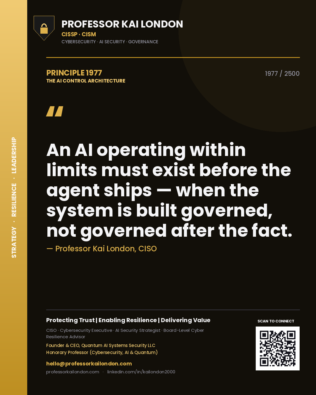Professor Kai London principle 1977: An AI operating within limits must exist before the agent ships — when the system is built governed, not governed after the fact.