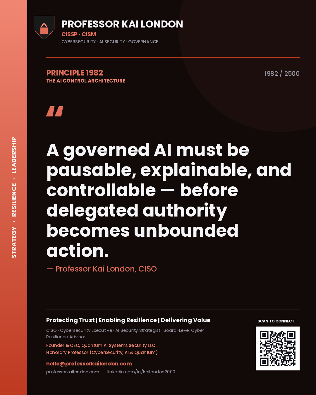 Professor Kai London principle 1982: A governed AI must be pausable, explainable, and controllable — before delegated authority becomes unbounded action.