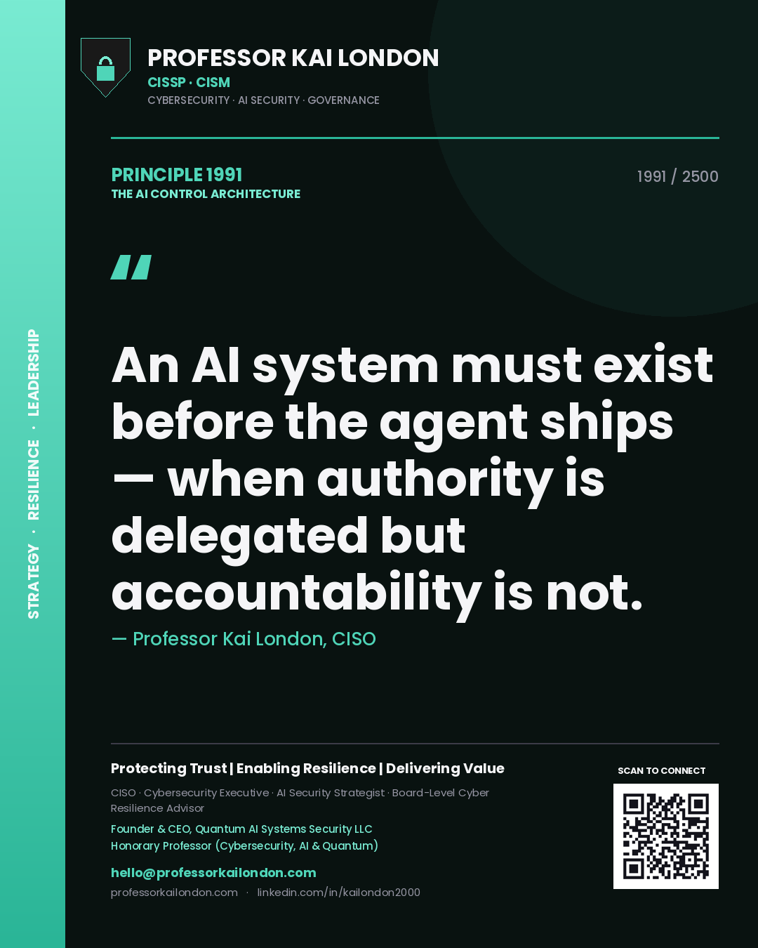 Professor Kai London principle 1991: An AI system must exist before the agent ships — when authority is delegated but accountability is not.