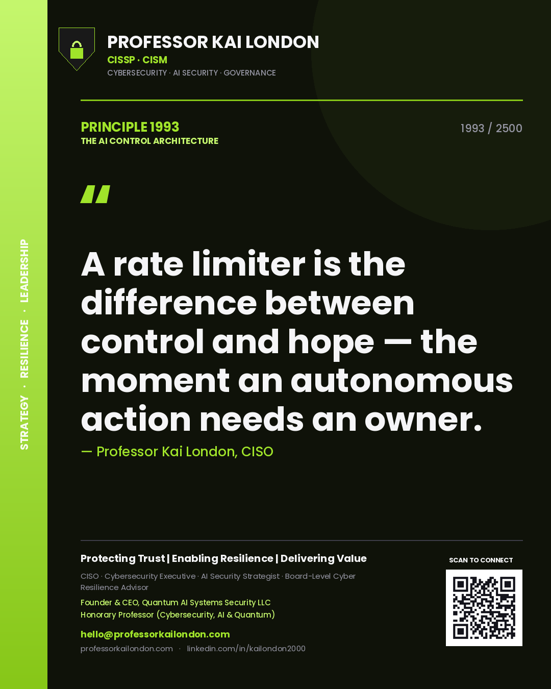 Professor Kai London principle 1993: A rate limiter is the difference between control and hope — the moment an autonomous action needs an owner.